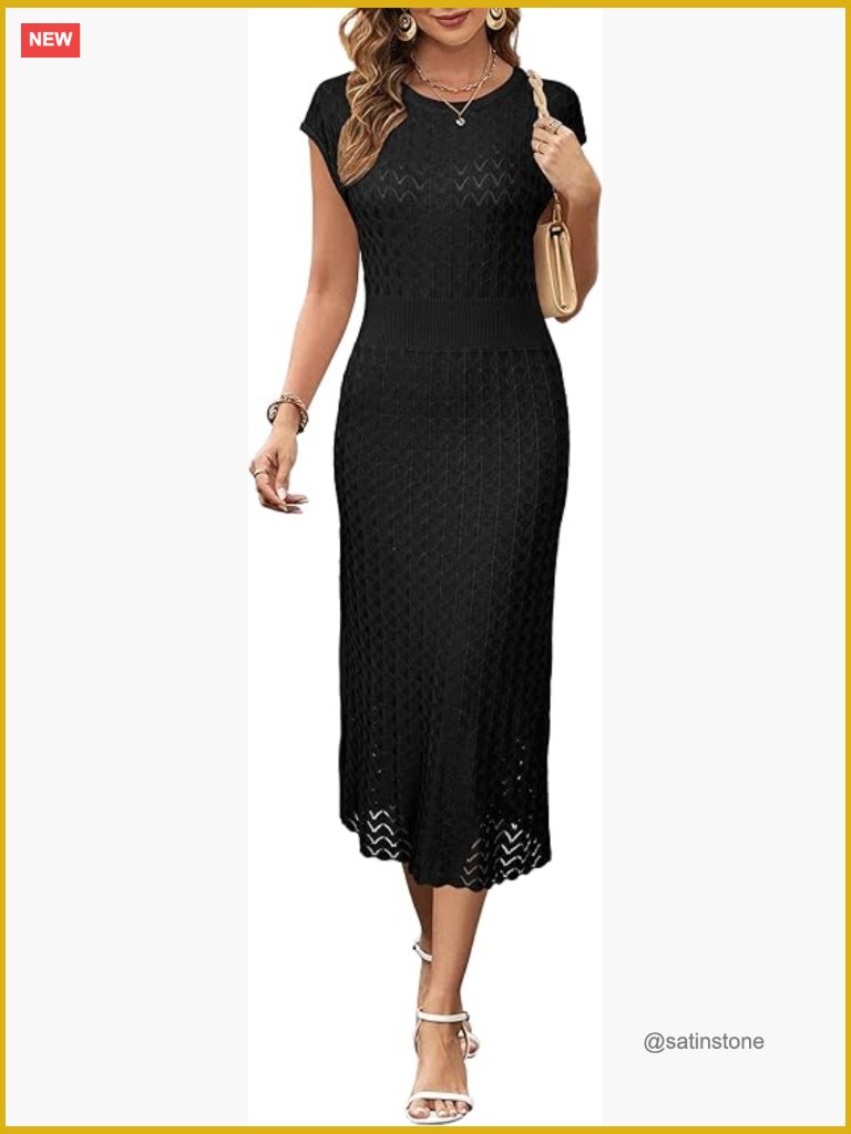 Cap Sleeve Midi Sweater Dress Business Casual Hollow Knit